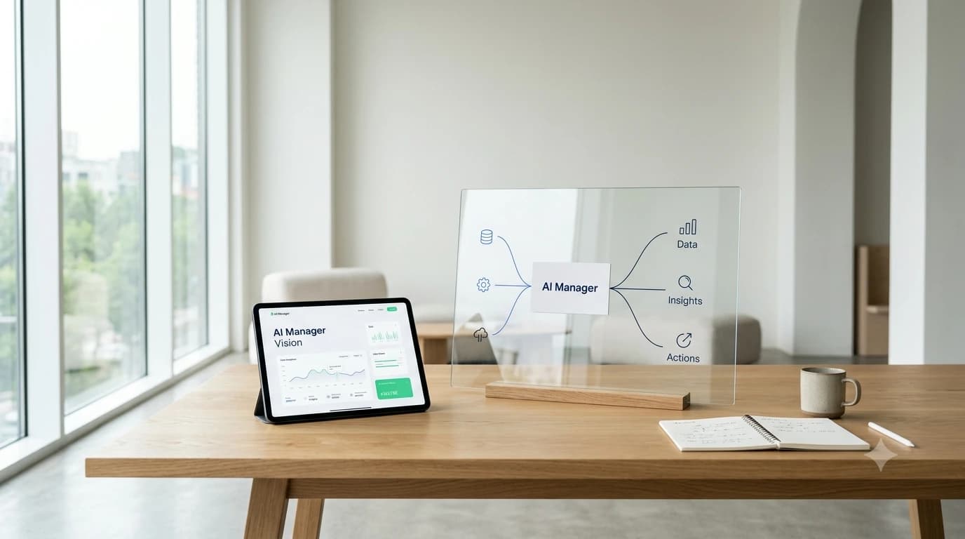 AI Manager imaginé sur une table de travail lumineuse