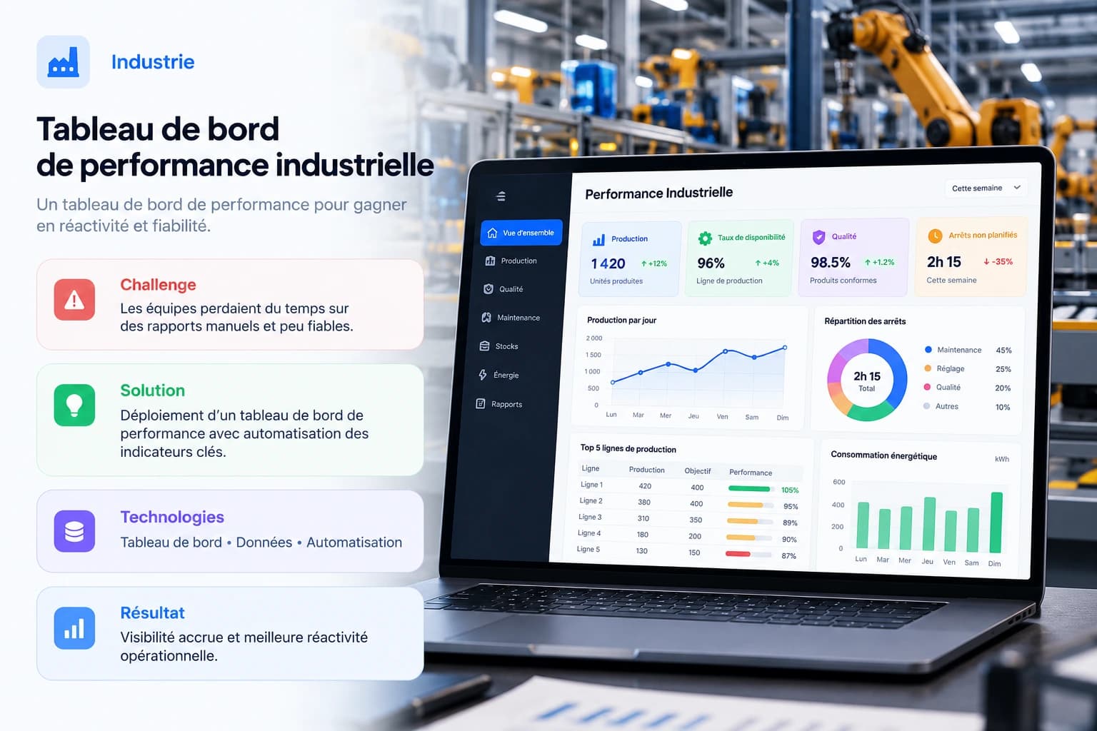 Site industriel avec interfaces de suivi et environnement de travail moderne